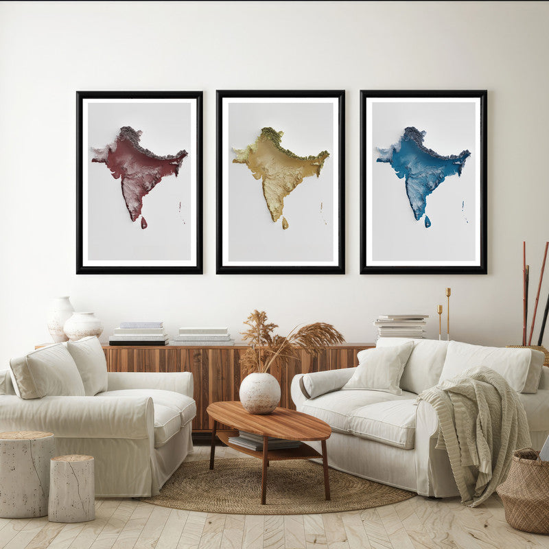 LuxuryStroke's India Map Landscape Art, Acrylic Landscape Paintingand Beautiful Landscape Art - Aesthetic India Maps - Set of 3 Wall Art
