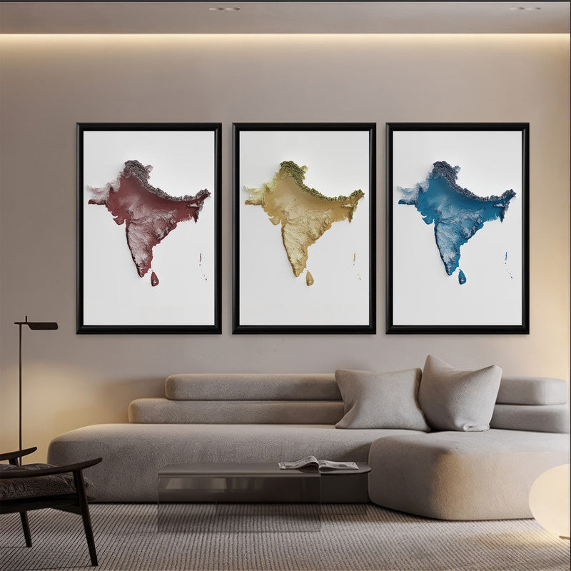 LuxuryStroke's India Map Landscape Art, Acrylic Landscape Paintingand Beautiful Landscape Art - Aesthetic India Maps - Set of 3 Wall Art