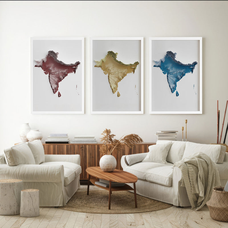 LuxuryStroke's India Map Landscape Art, Acrylic Landscape Paintingand Beautiful Landscape Art - Aesthetic India Maps - Set of 3 Wall Art