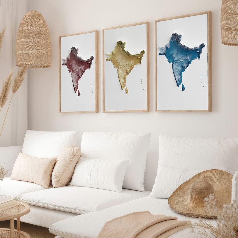 LuxuryStroke's India Map Landscape Art, Acrylic Landscape Paintingand Beautiful Landscape Art - Aesthetic India Maps - Set of 3 Wall Art