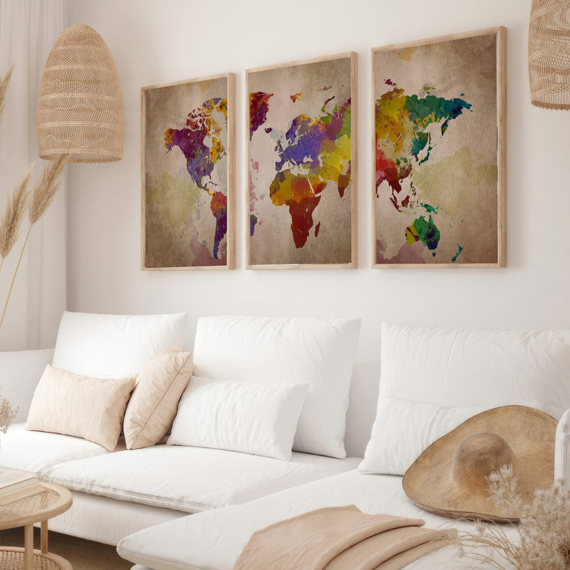 LuxuryStroke's Worldmap Landscape Art, Acrylic Landscape Paintingand Beautiful Landscape Art - Aesthetic World Map: Set Of 3 Paintings