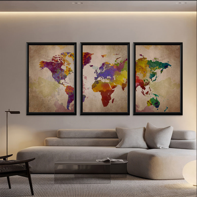 LuxuryStroke's Worldmap Landscape Art, Acrylic Landscape Paintingand Beautiful Landscape Art - Aesthetic World Map: Set Of 3 Paintings
