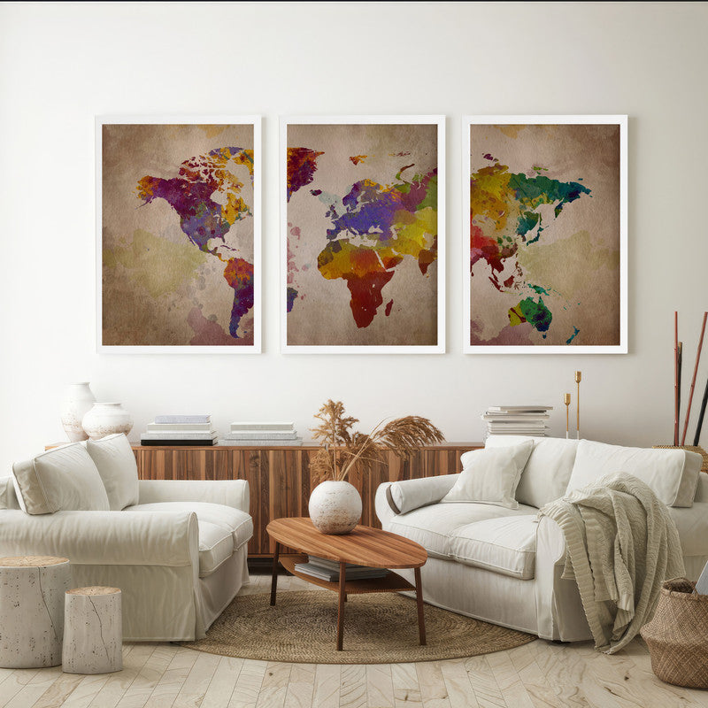 LuxuryStroke's Worldmap Landscape Art, Acrylic Landscape Paintingand Beautiful Landscape Art - Aesthetic World Map: Set Of 3 Paintings