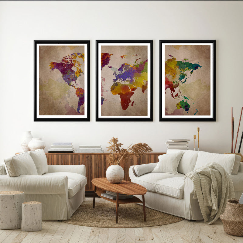 LuxuryStroke's Worldmap Landscape Art, Acrylic Landscape Paintingand Beautiful Landscape Art - Aesthetic World Map: Set Of 3 Paintings