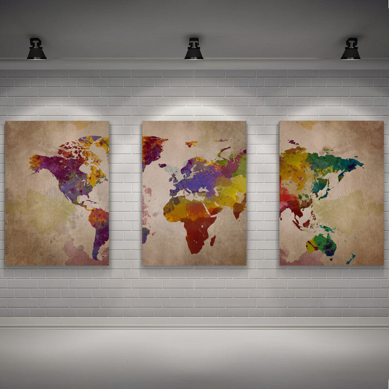LuxuryStroke's Worldmap Landscape Art, Acrylic Landscape Paintingand Beautiful Landscape Art - Aesthetic World Map: Set Of 3 Paintings