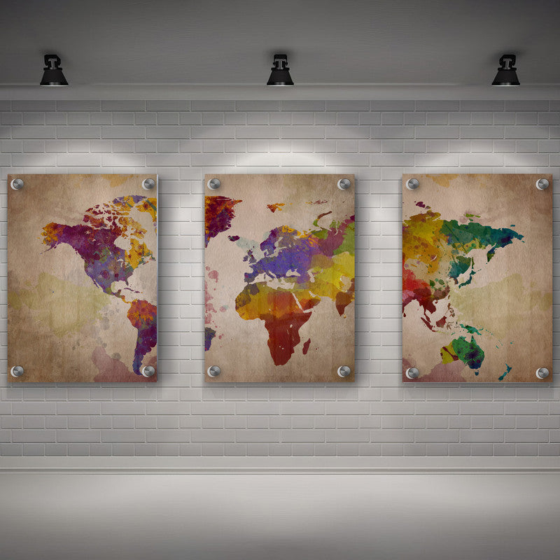 LuxuryStroke's Worldmap Landscape Art, Acrylic Landscape Paintingand Beautiful Landscape Art - Aesthetic World Map: Set Of 3 Paintings
