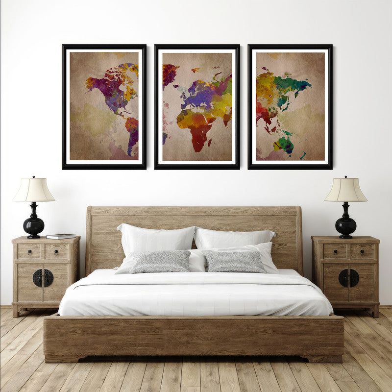 LuxuryStroke's Worldmap Landscape Art, Acrylic Landscape Paintingand Beautiful Landscape Art - Aesthetic World Map: Set Of 3 Paintings