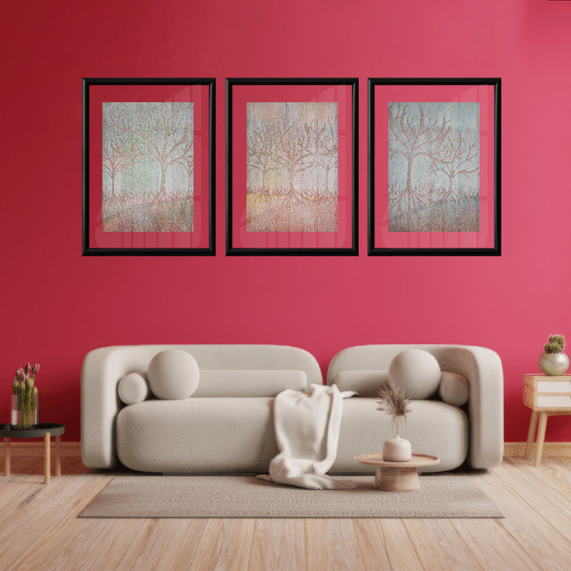 LuxuryStroke's Minimalistic Beautiful Floral Painting, Beautiful Flower Paintingand Floral Painting Acrylic - Botanical Art - Set Of 3 Crayon Style Tree Paintings