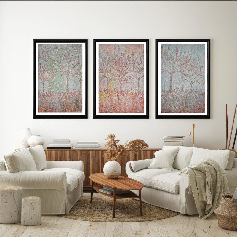LuxuryStroke's Minimalistic Beautiful Floral Painting, Beautiful Flower Paintingand Floral Painting Acrylic - Botanical Art - Set Of 3 Crayon Style Tree Paintings