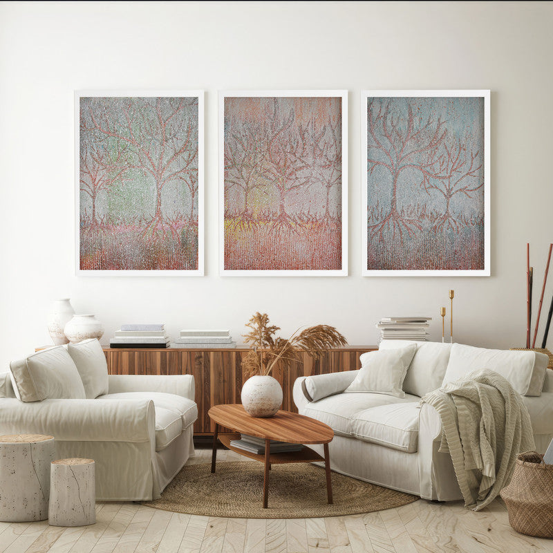 LuxuryStroke's Minimalistic Beautiful Floral Painting, Beautiful Flower Paintingand Floral Painting Acrylic - Botanical Art - Set Of 3 Crayon Style Tree Paintings