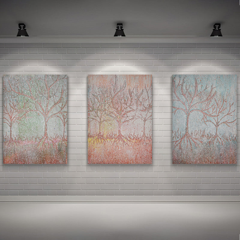 LuxuryStroke's Minimalistic Beautiful Floral Painting, Beautiful Flower Paintingand Floral Painting Acrylic - Botanical Art - Set Of 3 Crayon Style Tree Paintings