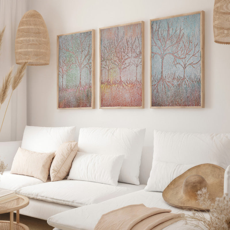 LuxuryStroke's Minimalistic Beautiful Floral Painting, Beautiful Flower Paintingand Floral Painting Acrylic - Botanical Art - Set Of 3 Crayon Style Tree Paintings
