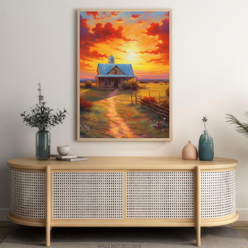 LuxuryStroke's Sunset Landscape Art, Acrylic Scenery Paintingand Landscape Painting Artwork - Sunset Serenity: Contemporary Landscape Wall Art