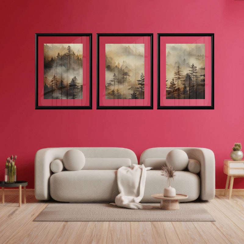 LuxuryStroke's Nature Painting Landscape, Beautiful Landscape Artand Landscape Painting Artwork - Landscape Art - Set Of 3 Captivating Dusk Forest Paintings
