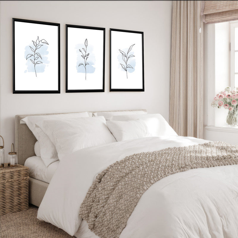 LuxuryStroke's Acrylic Painting Floral, Beautiful Floral Paintingand Beautiful Flower Painting - Botanical Art: Set Of 3 Minimalistic Blue Lineart Floral Paintings