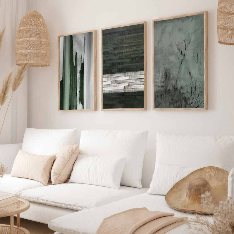 LuxuryStroke's Abstract Boho Art, Abstract Contemporary Paintingand Abstract Acrylic Artwork - Abstract Art - Set Of 3 Green & Grey Paintings