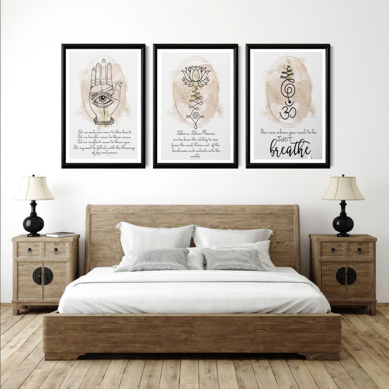 LuxuryStroke's Spiritual Wall Art For Living Room, Indian Spiritual Paintingsand Spiritual Framed Wall Art - Spiritual Art - Hamsa, Lotus & Om - Set Of 3 Paintings