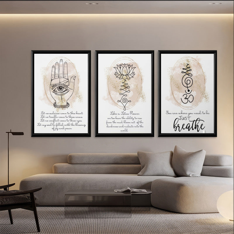 LuxuryStroke's Spiritual Wall Art For Living Room, Indian Spiritual Paintingsand Spiritual Framed Wall Art - Spiritual Art - Hamsa, Lotus & Om - Set Of 3 Paintings