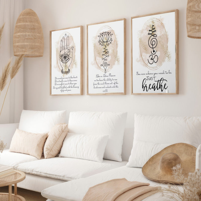 LuxuryStroke's Spiritual Wall Art For Living Room, Indian Spiritual Paintingsand Spiritual Framed Wall Art - Spiritual Art - Hamsa, Lotus & Om - Set Of 3 Paintings