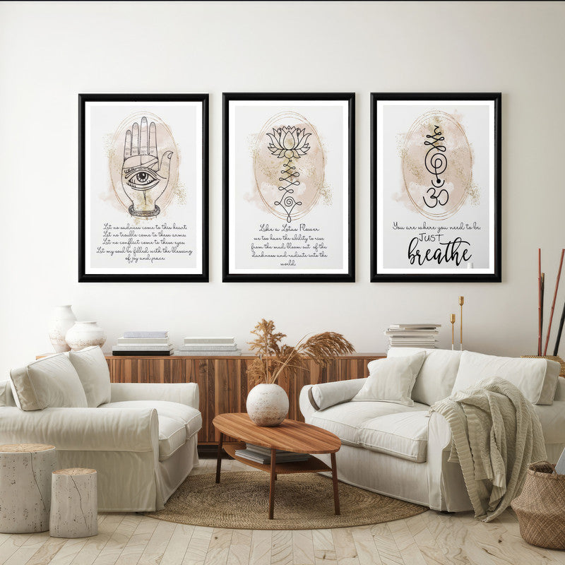 LuxuryStroke's Spiritual Wall Art For Living Room, Indian Spiritual Paintingsand Spiritual Framed Wall Art - Spiritual Art - Hamsa, Lotus & Om - Set Of 3 Paintings