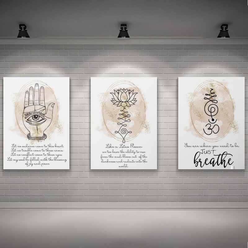 LuxuryStroke's Spiritual Wall Art For Living Room, Indian Spiritual Paintingsand Spiritual Framed Wall Art - Spiritual Art - Hamsa, Lotus & Om - Set Of 3 Paintings