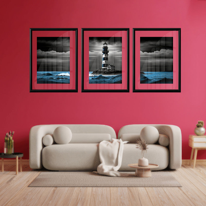 LuxuryStroke's Light House Landscape Art, Landscape Artand Beautiful Landscape Art - Landscape Art - Lighthouse And Blue Waves - Set Of 3 Paintings