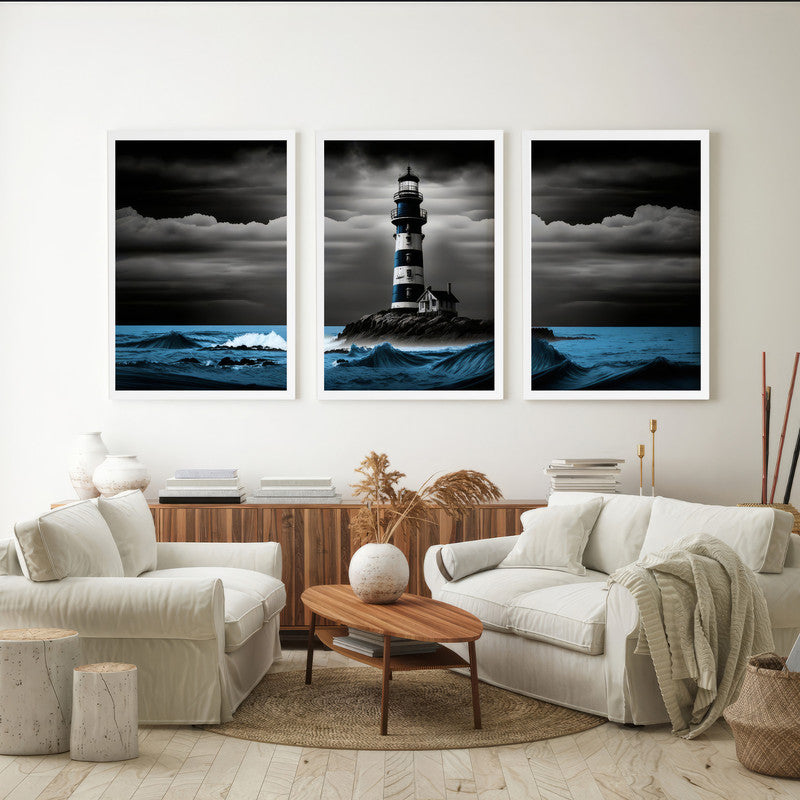 LuxuryStroke's Light House Landscape Art, Landscape Artand Beautiful Landscape Art - Landscape Art - Lighthouse And Blue Waves - Set Of 3 Paintings