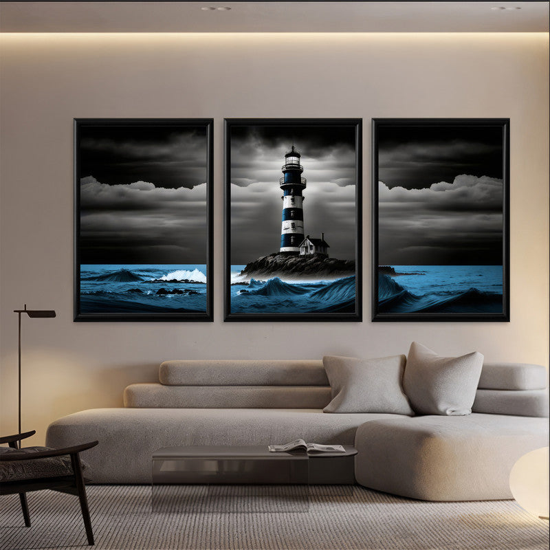 LuxuryStroke's Light House Landscape Art, Landscape Artand Beautiful Landscape Art - Landscape Art - Lighthouse And Blue Waves - Set Of 3 Paintings