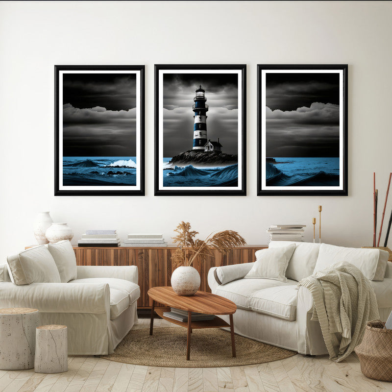 LuxuryStroke's Light House Landscape Art, Landscape Artand Beautiful Landscape Art - Landscape Art - Lighthouse And Blue Waves - Set Of 3 Paintings