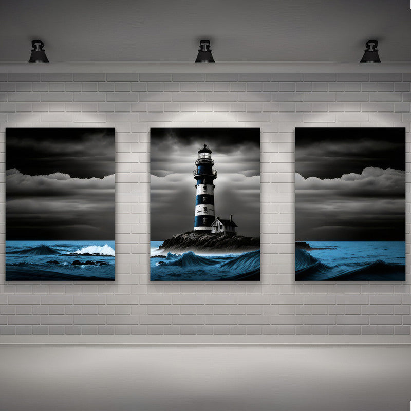 LuxuryStroke's Light House Landscape Art, Landscape Artand Beautiful Landscape Art - Landscape Art - Lighthouse And Blue Waves - Set Of 3 Paintings