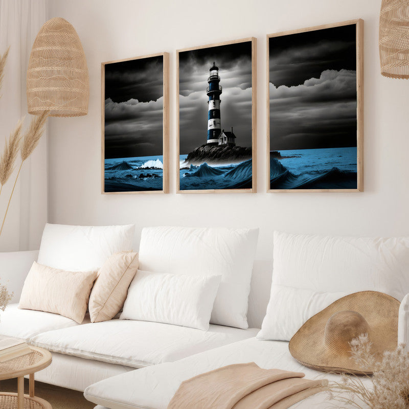 LuxuryStroke's Light House Landscape Art, Landscape Artand Beautiful Landscape Art - Landscape Art - Lighthouse And Blue Waves - Set Of 3 Paintings