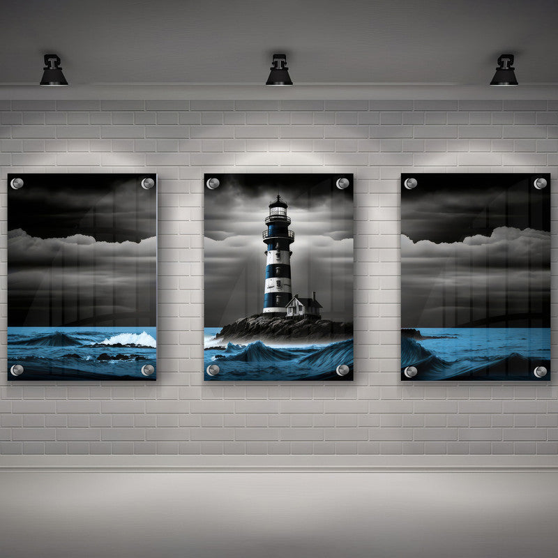 LuxuryStroke's Light House Landscape Art, Landscape Artand Beautiful Landscape Art - Landscape Art - Lighthouse And Blue Waves - Set Of 3 Paintings