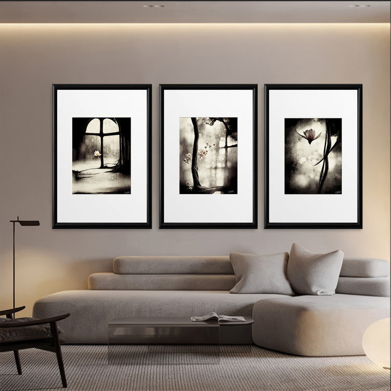 LuxuryStroke's Flower Artwork Black And White, Acrylic Floral Paintingand Flowers Abstract - Botanical Art -Set Of 3 Monochrome Botanical Paintings