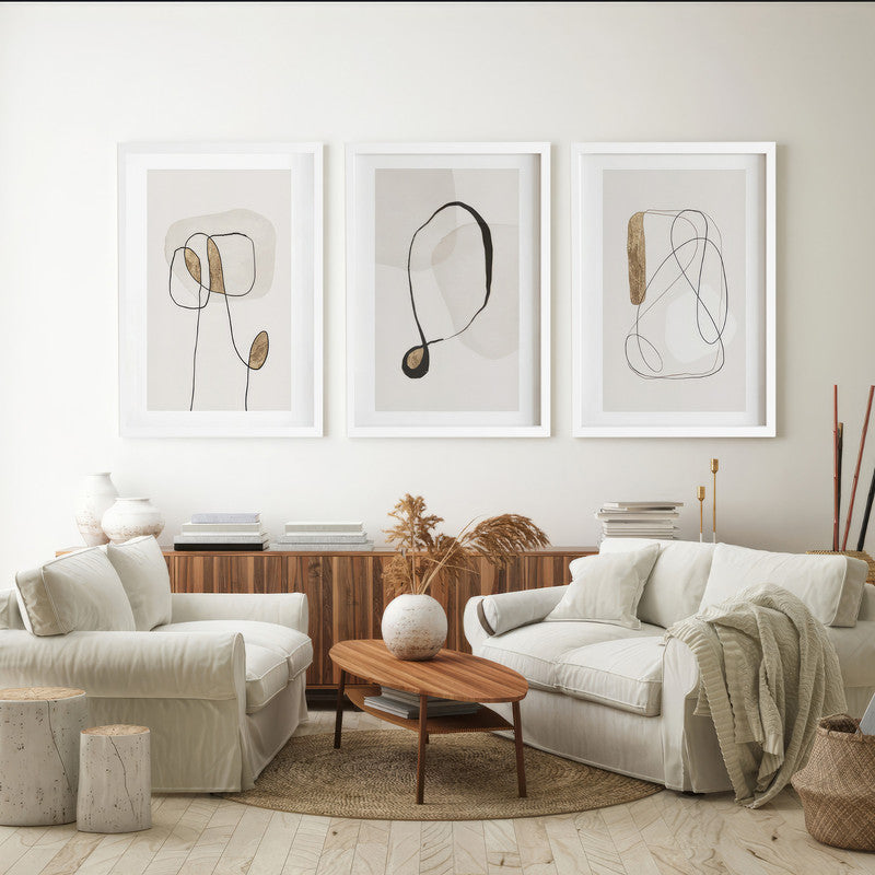 LuxuryStroke's Abstract Boho Art, Aesthetic Boho Paintingand Simple Boho Paintings - Boho Geometric Lineart - Set Of 3 Paintings