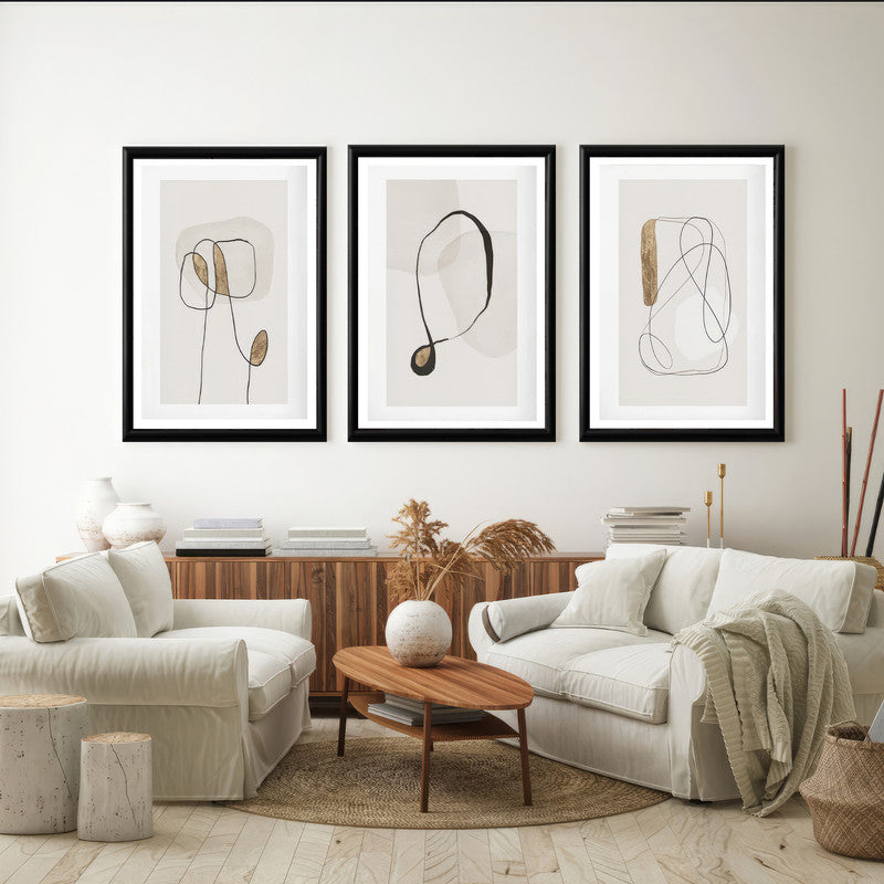 LuxuryStroke's Abstract Boho Art, Aesthetic Boho Paintingand Simple Boho Paintings - Boho Geometric Lineart - Set Of 3 Paintings