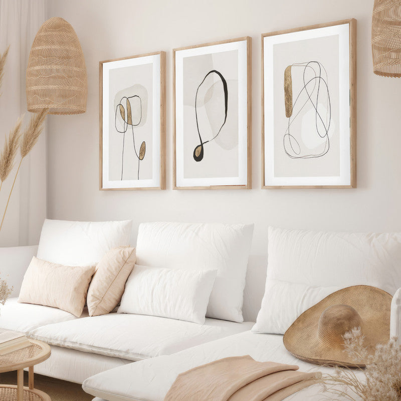 LuxuryStroke's Abstract Boho Art, Aesthetic Boho Paintingand Simple Boho Paintings - Boho Geometric Lineart - Set Of 3 Paintings