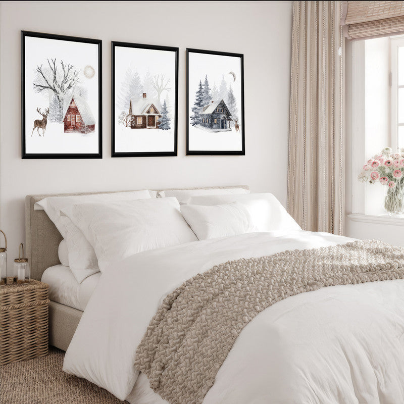LuxuryStroke's Beautiful Landscape Art, Landscape Painting Artworkand Acrylic Scenery Painting - Landscape Art - Snowy Winter Home & Stag - Set Of 3 Paintings