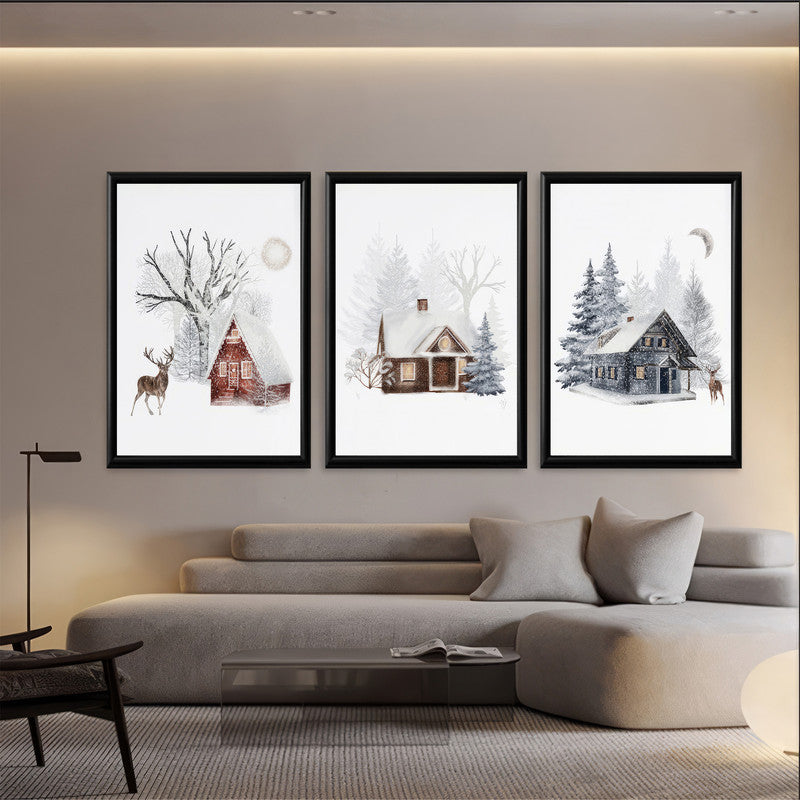 LuxuryStroke's Beautiful Landscape Art, Landscape Painting Artworkand Acrylic Scenery Painting - Landscape Art - Snowy Winter Home & Stag - Set Of 3 Paintings