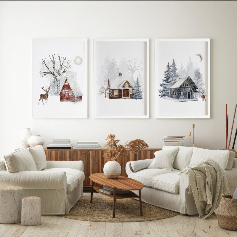 LuxuryStroke's Beautiful Landscape Art, Landscape Painting Artworkand Acrylic Scenery Painting - Landscape Art - Snowy Winter Home & Stag - Set Of 3 Paintings