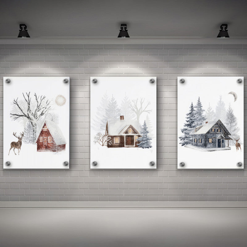 LuxuryStroke's Beautiful Landscape Art, Landscape Painting Artworkand Acrylic Scenery Painting - Landscape Art - Snowy Winter Home & Stag - Set Of 3 Paintings