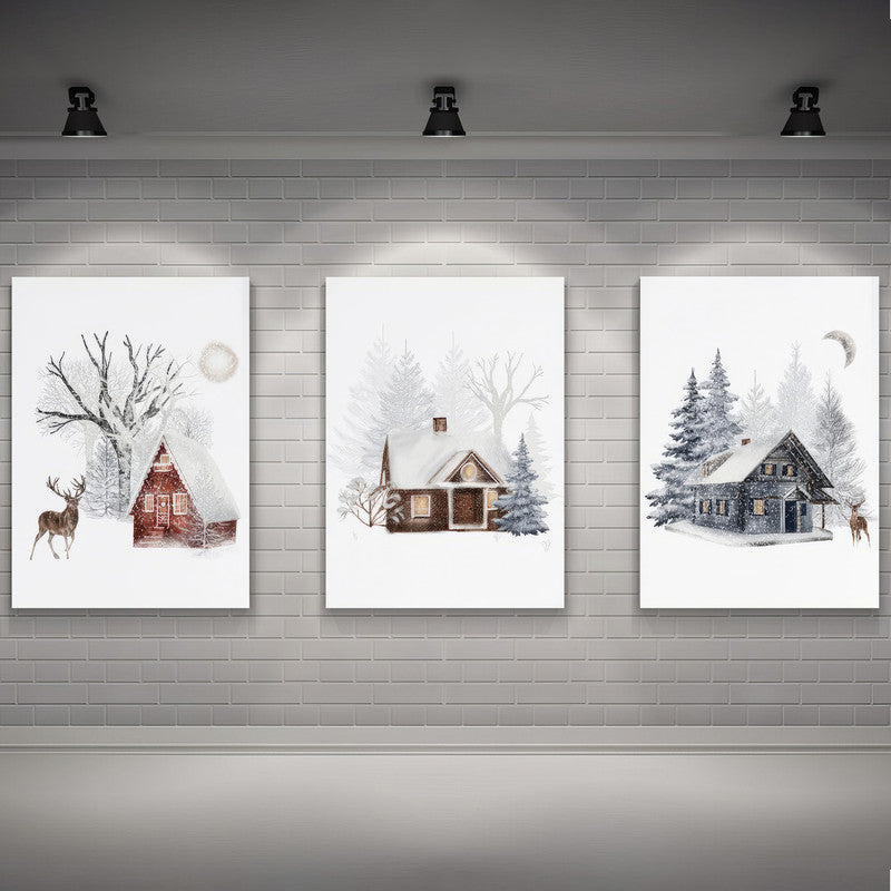 LuxuryStroke's Beautiful Landscape Art, Landscape Painting Artworkand Acrylic Scenery Painting - Landscape Art - Snowy Winter Home & Stag - Set Of 3 Paintings