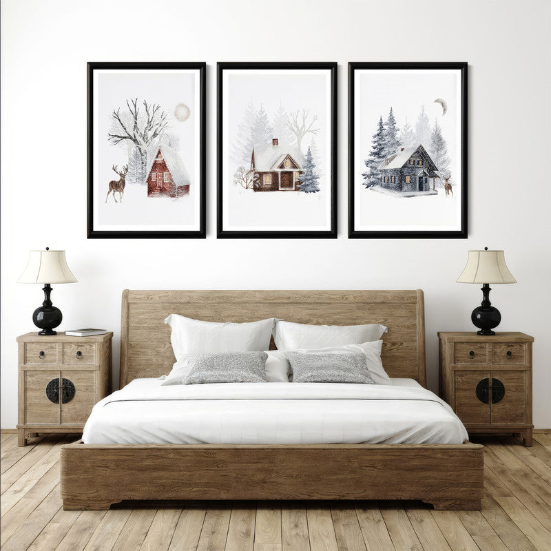 LuxuryStroke's Beautiful Landscape Art, Landscape Painting Artworkand Acrylic Scenery Painting - Landscape Art - Snowy Winter Home & Stag - Set Of 3 Paintings