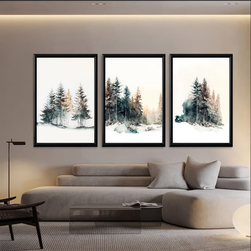 LuxuryStroke's Mountain Landscape Artwork, Nature Painting Landscapeand Acrylic Landscape Painting - Landscape Art - Forest In Snow - Set Of 3 Art Pieces