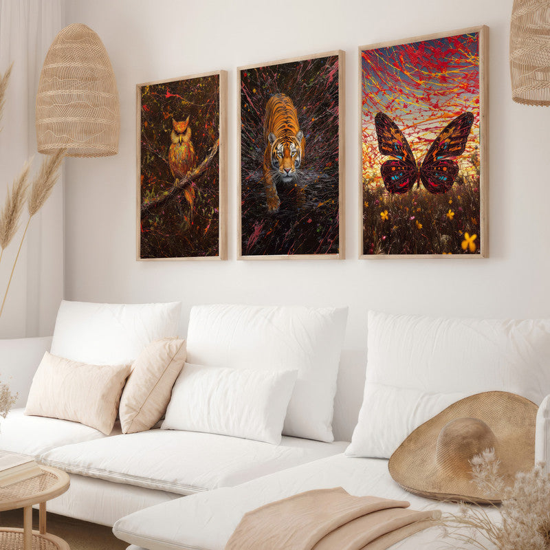 LuxuryStroke's Owl And Tiger Painting, Minimalistic Lion Paintingand Paintings Of Animals - Wildlife Art - Own, Tiger & Butterfly - Set Of 3 Paintings
