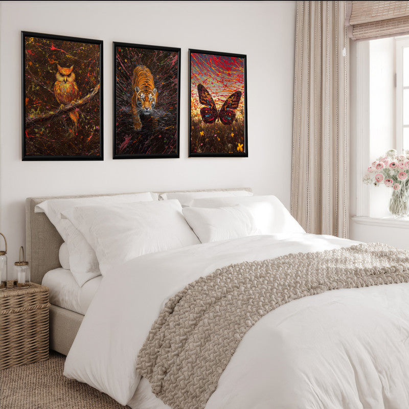 LuxuryStroke's Owl And Tiger Painting, Minimalistic Lion Paintingand Paintings Of Animals - Wildlife Art - Own, Tiger & Butterfly - Set Of 3 Paintings