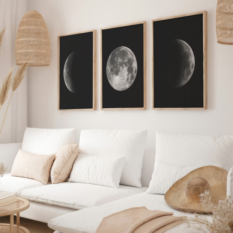 LuxuryStroke's Abstract Black And White Wall Painting, Minimalist Black And White Artand Moon Art Black And White Painting - Monochrome Art - Set Of 3 Moon Paintings - Lunar Phases