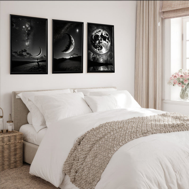 LuxuryStroke's Abstract Black And White Wall Painting, Minimalist Black And White Artand Moon Art Black And White Painting - Monochrome Art - Set Of 3 Moon Paintings - Lunar Phases