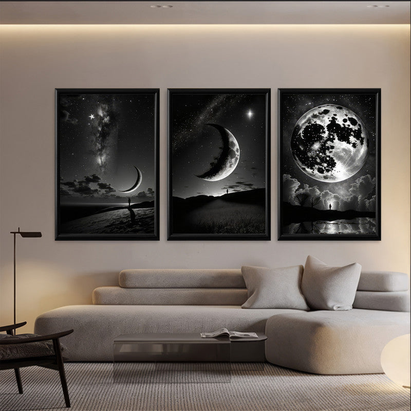 LuxuryStroke's Abstract Black And White Wall Painting, Minimalist Black And White Artand Moon Art Black And White Painting - Monochrome Art - Set Of 3 Moon Paintings - Lunar Phases