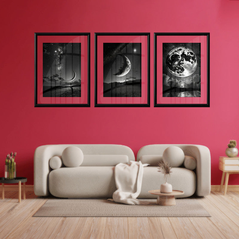 LuxuryStroke's Abstract Black And White Wall Painting, Minimalist Black And White Artand Moon Art Black And White Painting - Monochrome Art - Set Of 3 Moon Paintings - Lunar Phases