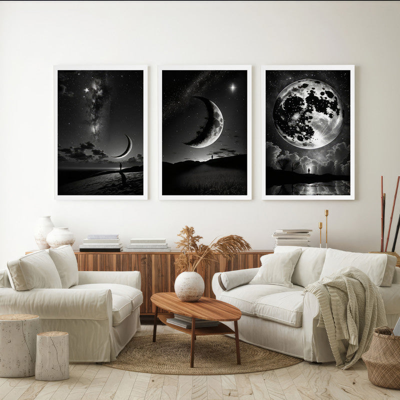 LuxuryStroke's Abstract Black And White Wall Painting, Minimalist Black And White Artand Moon Art Black And White Painting - Monochrome Art - Set Of 3 Moon Paintings - Lunar Phases